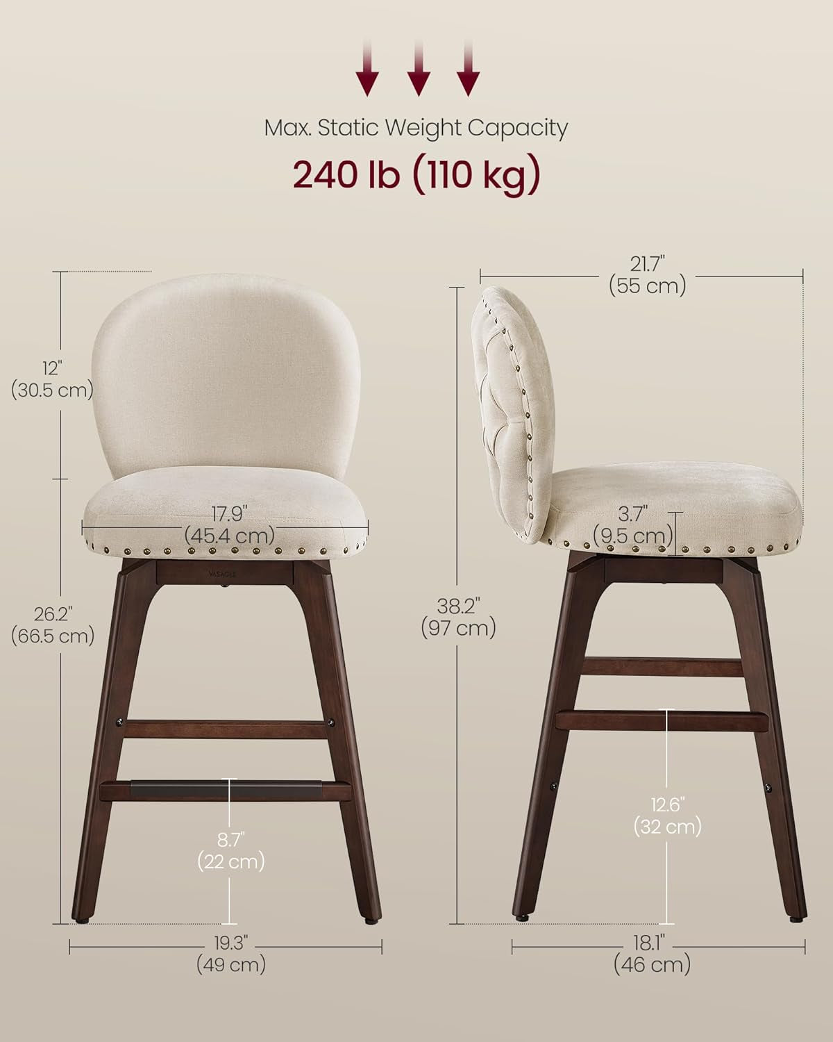 Bar Stools Set of 2 Swivel Counter Height With Back Beige