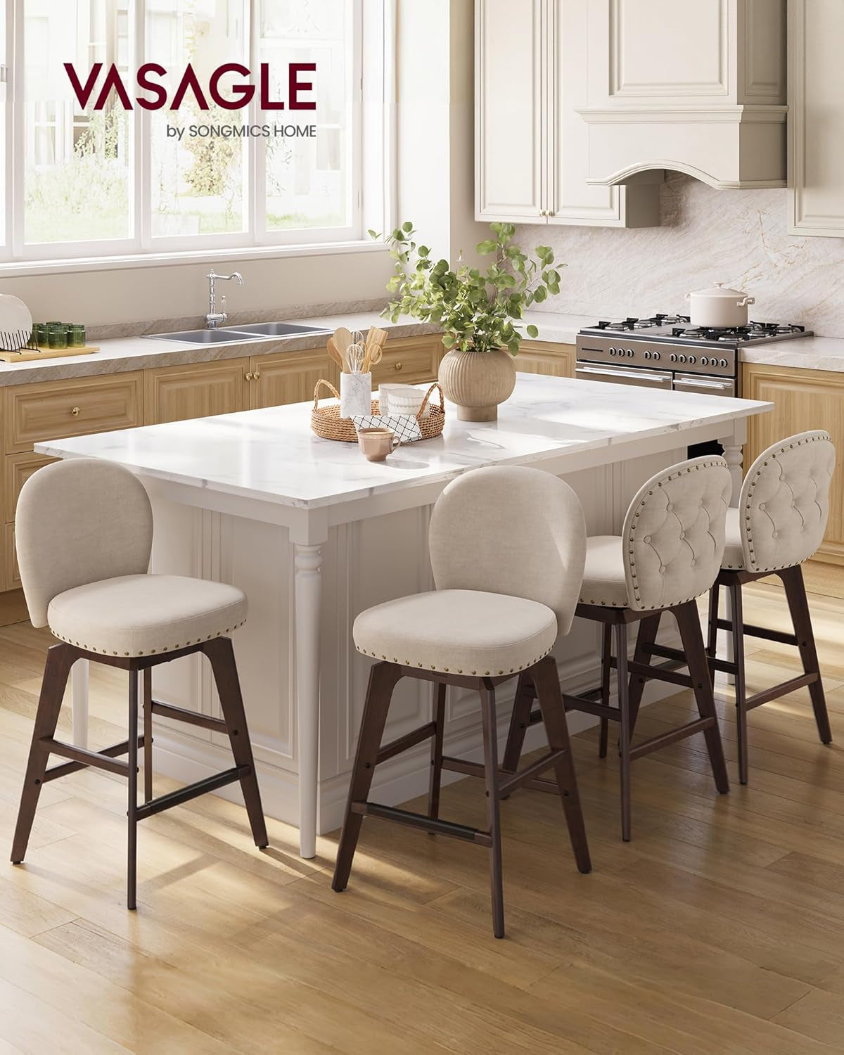 Bar Stools Set of 2 Swivel Counter Height With Back Beige