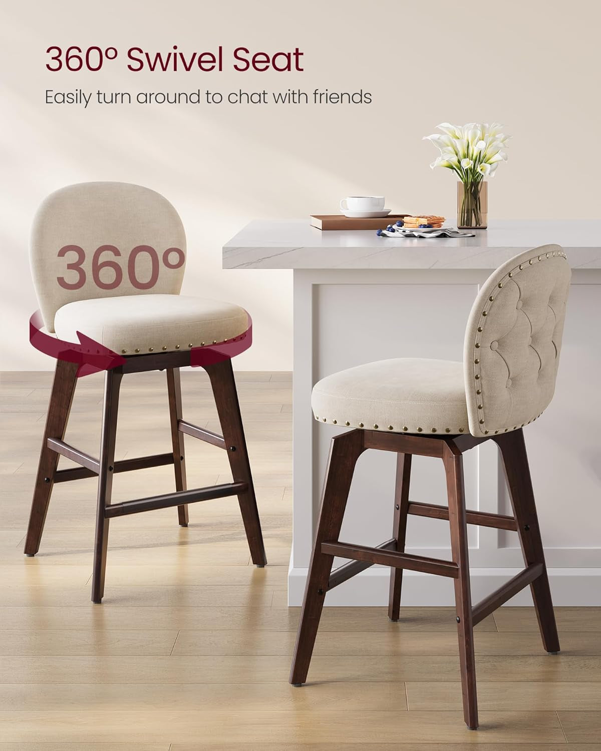 Bar Stools Set of 2 Swivel Counter Height With Back Beige