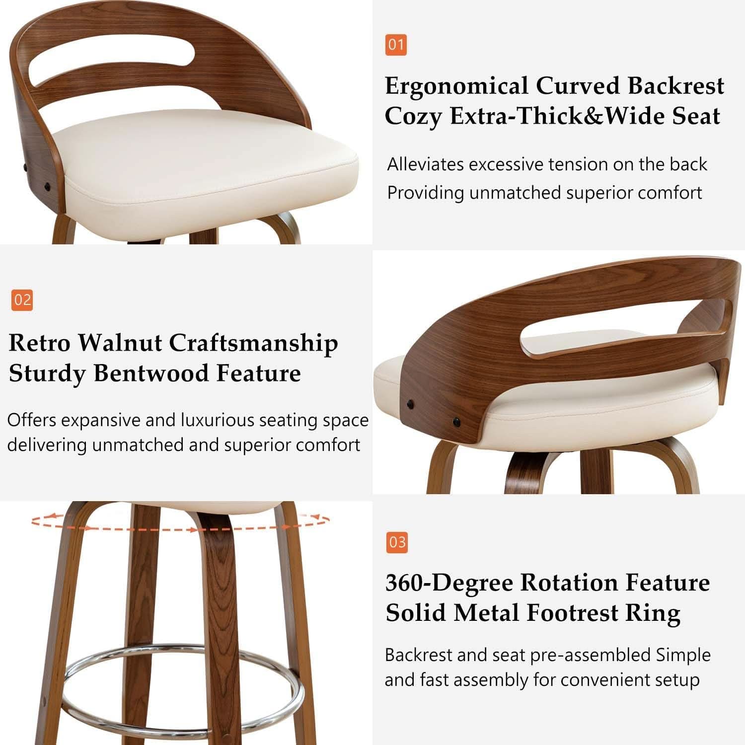 Bar Stools Set of 3 Swivel 30 Inch Beige Faux Leather