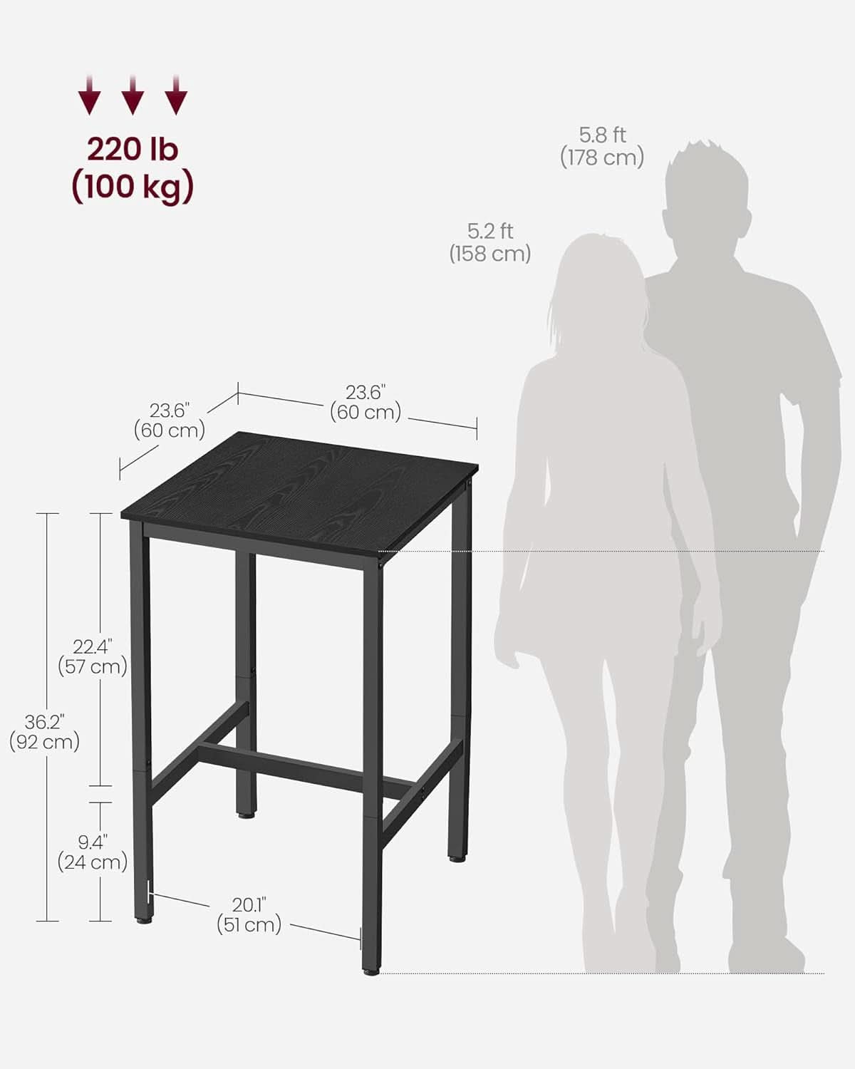 Bar Table 23.6Inch Ebony Black Industrial Grade Durable