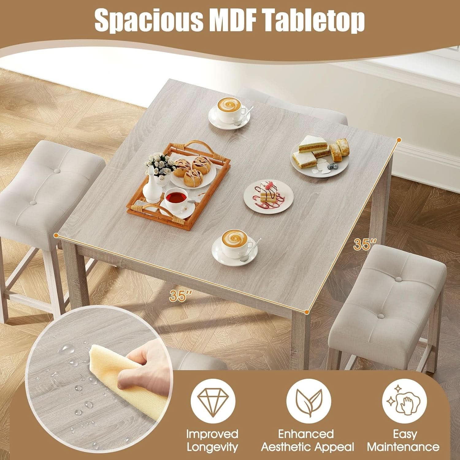 Bar Table Set Square Ultrasoft Cushioned Stools Space Saving