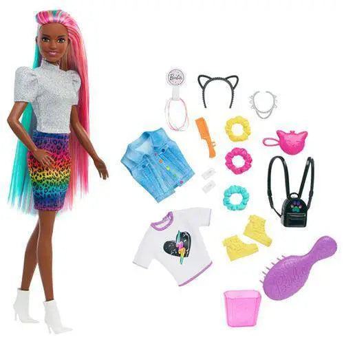 Barbie Leopard Rainbow Hair Doll with Color-Changing Hair for Kids 3+