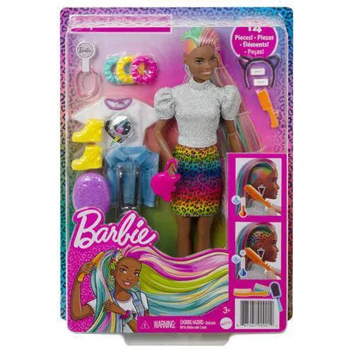 Barbie Leopard Rainbow Hair Doll with Color-Changing Hair for Kids 3+