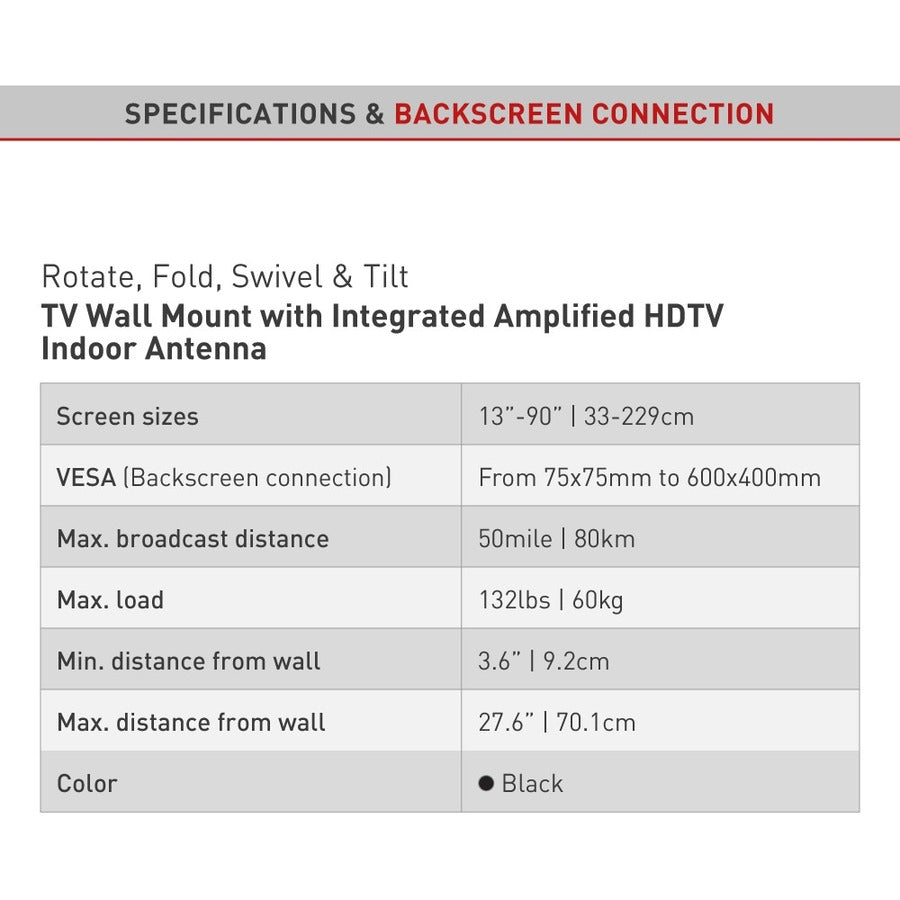 Barkan Full-Motion Wall Mount for TV, Flat Panel Display, Curved Screen Display - Black TVA48