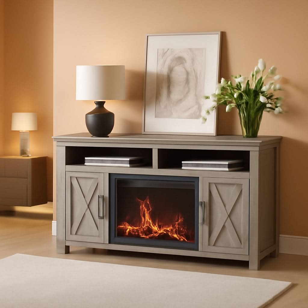 Barn Door Electric Fireplace TV Stand For 65 Inch TVs Gray