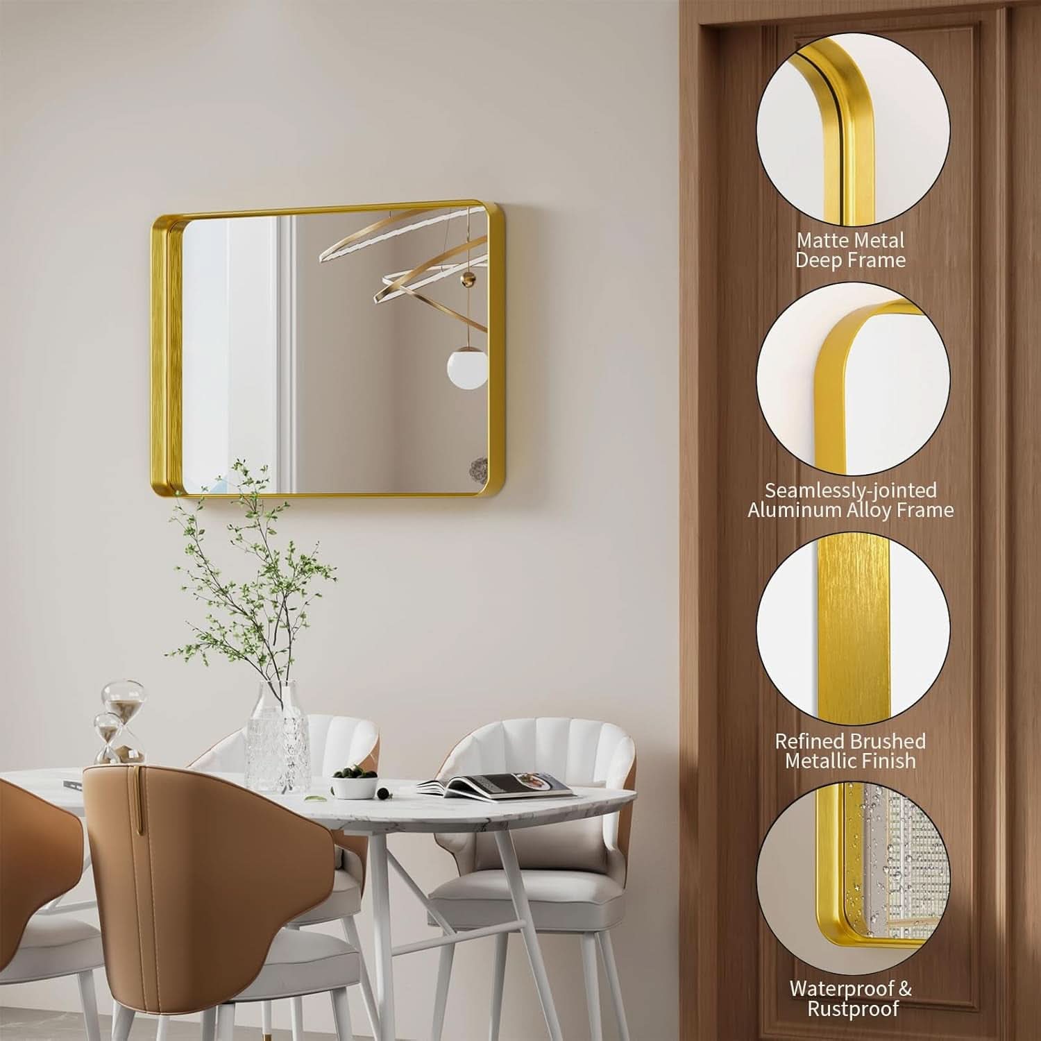 Bathroom Mirror 22x30 Inch Wall Mounted Gold Frame Tempered