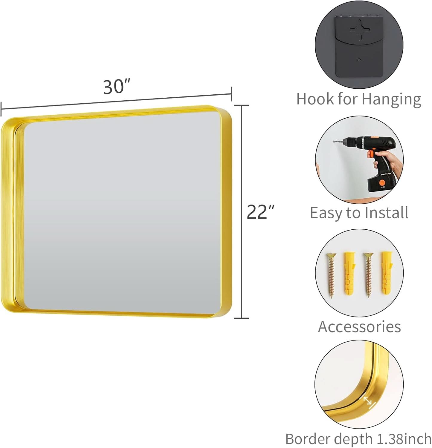 Bathroom Mirror 22x30 Inch Wall Mounted Gold Frame Tempered
