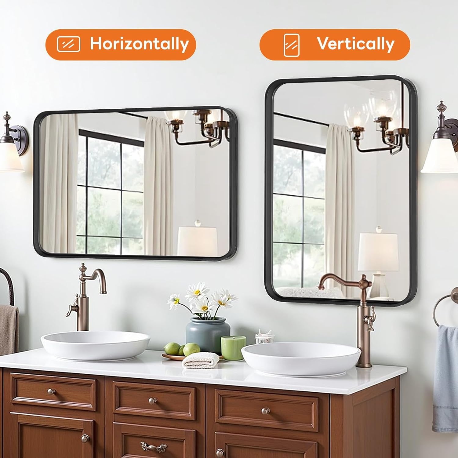 Bathroom Mirror 30 By 22 Inch Black Metal Frame Wall Mount
