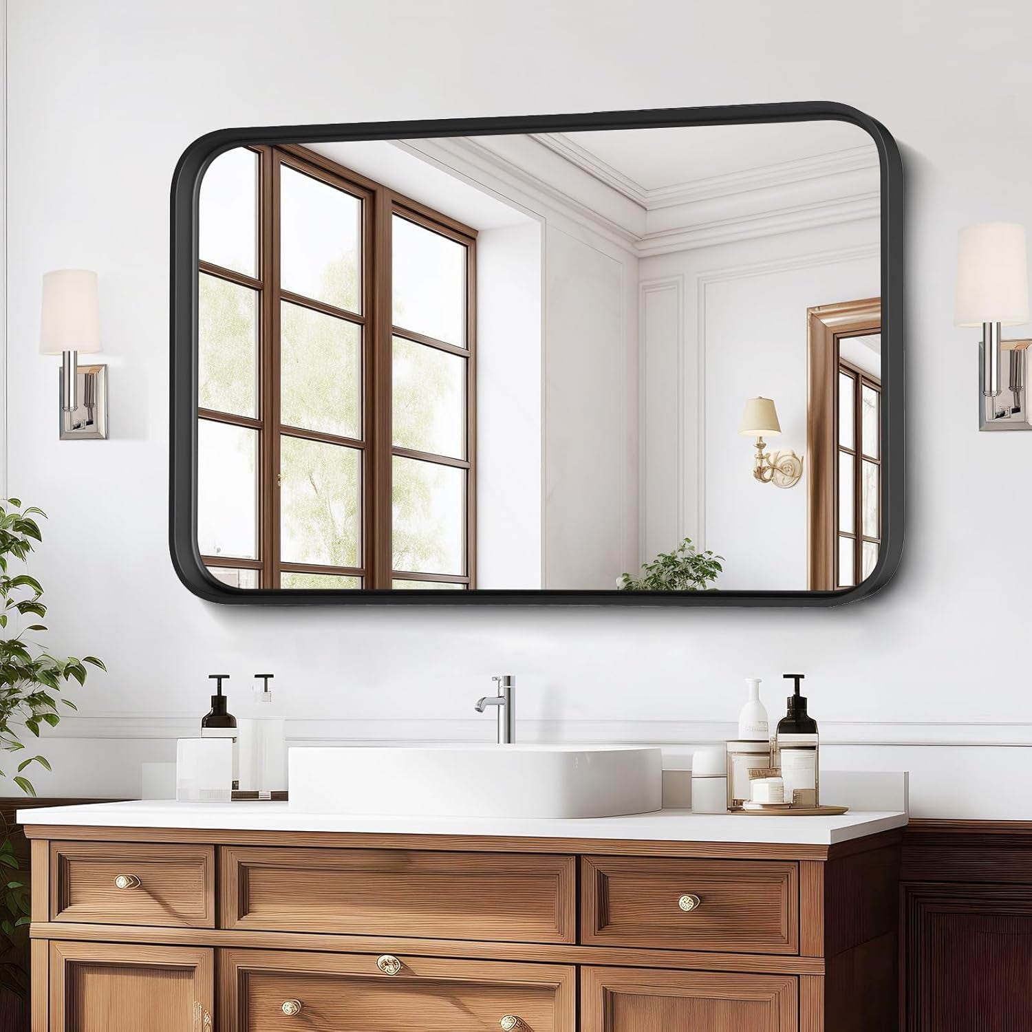 Bathroom Mirror 30 By 22 Inch Black Metal Frame Wall Mount