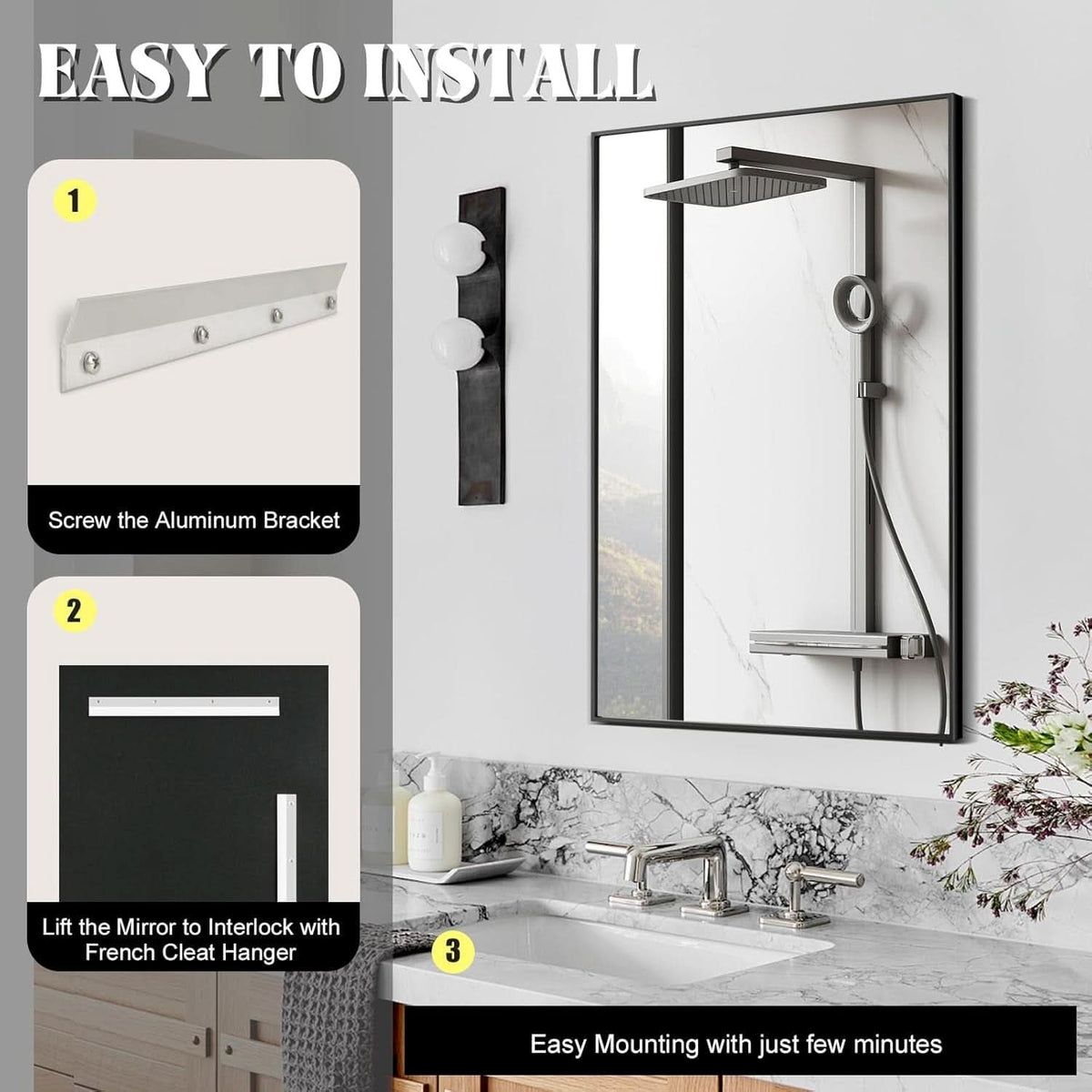Bathroom Wall Mirror 24x36 Inch Black Stainless Steel Frame