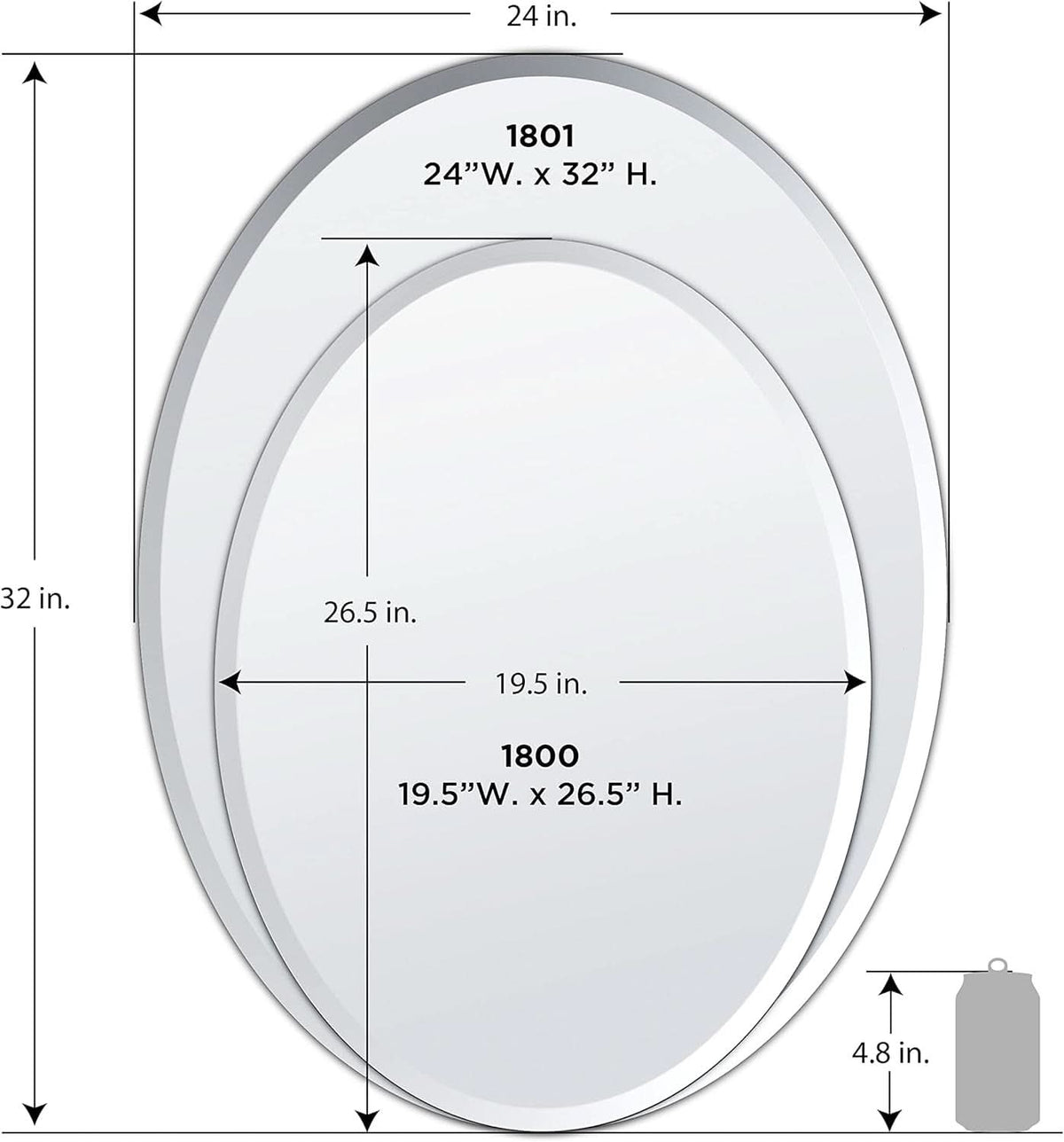 Bathroom Wall Mirror 32 Inch High 24 Inch Wide Beveled Frameless Oval For Bath Vanity And Living Room