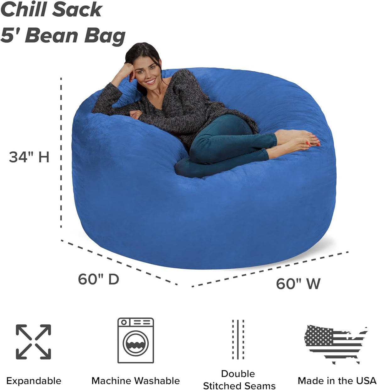Bean Bag Chair 5 Ft Royal Blue For Living Room Dorm Kids
