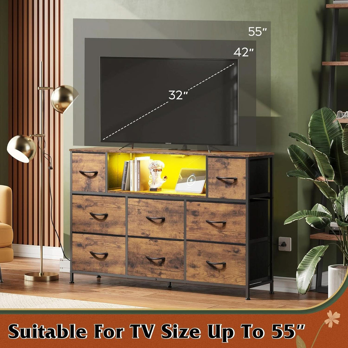 Bedroom Dresser TV Stand 55 Inch TV With Charging Station
