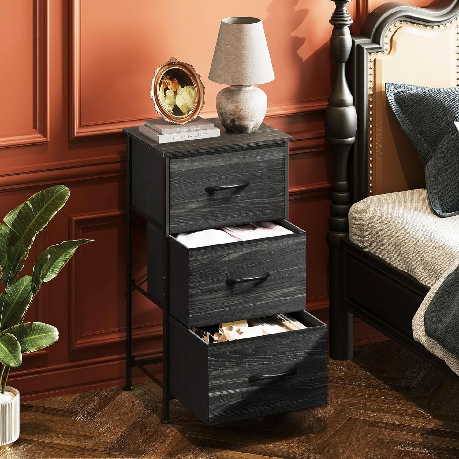 Bedroom Nightstand With Three Drawers Charcoal Black