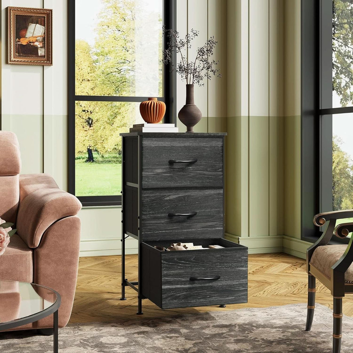 Bedroom Nightstand With Three Drawers Charcoal Black