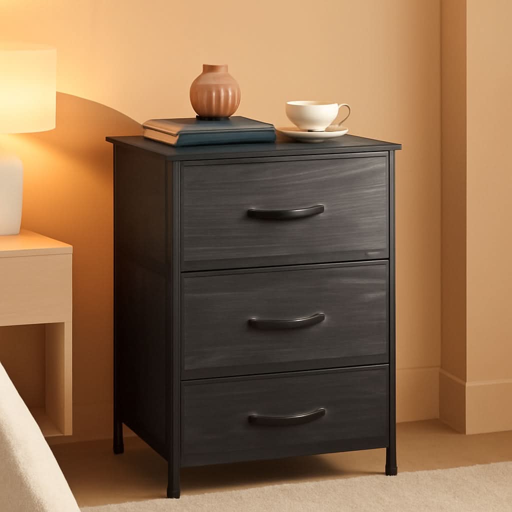 Bedroom Nightstand With Three Drawers Charcoal Black