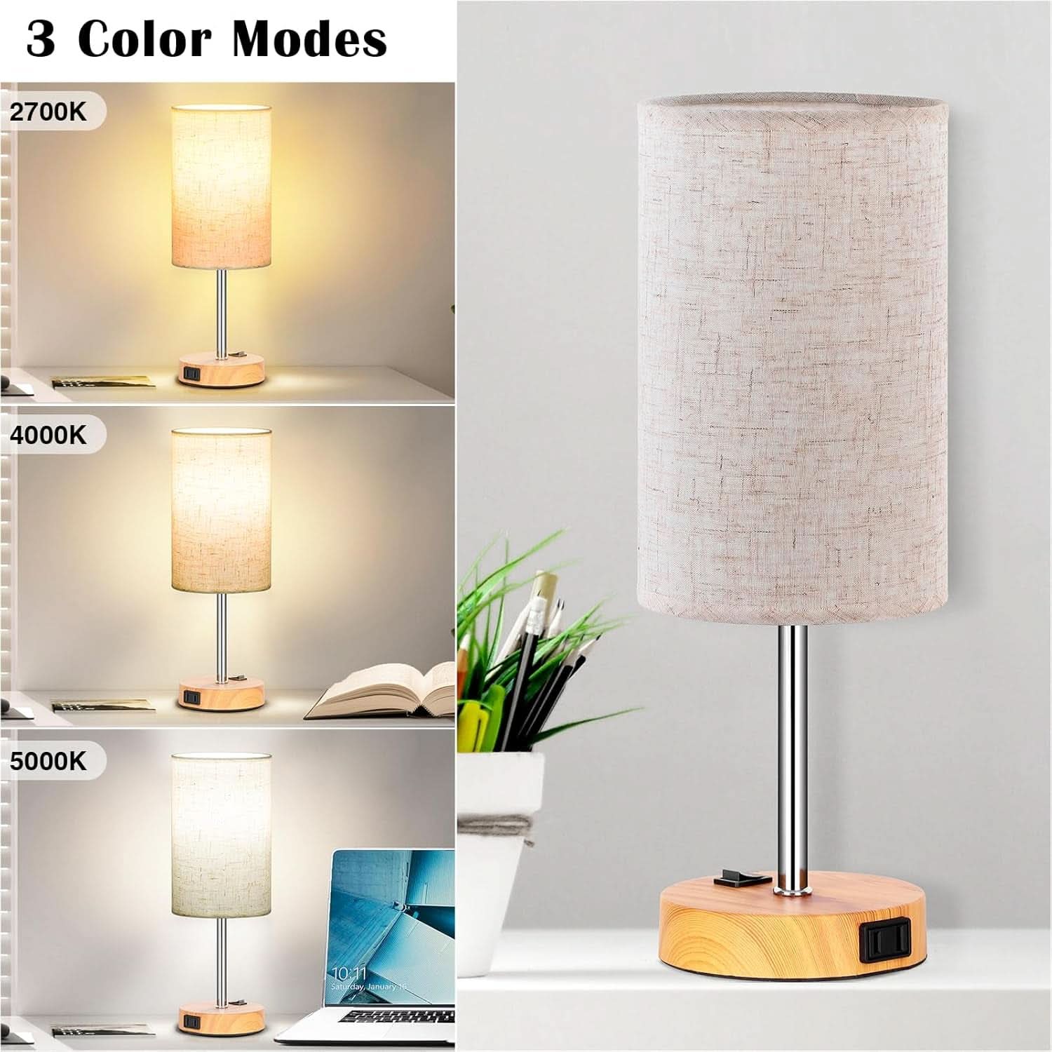 Bedside Table Lamp Set Of 2 Dimmable Three Way AC Outlet