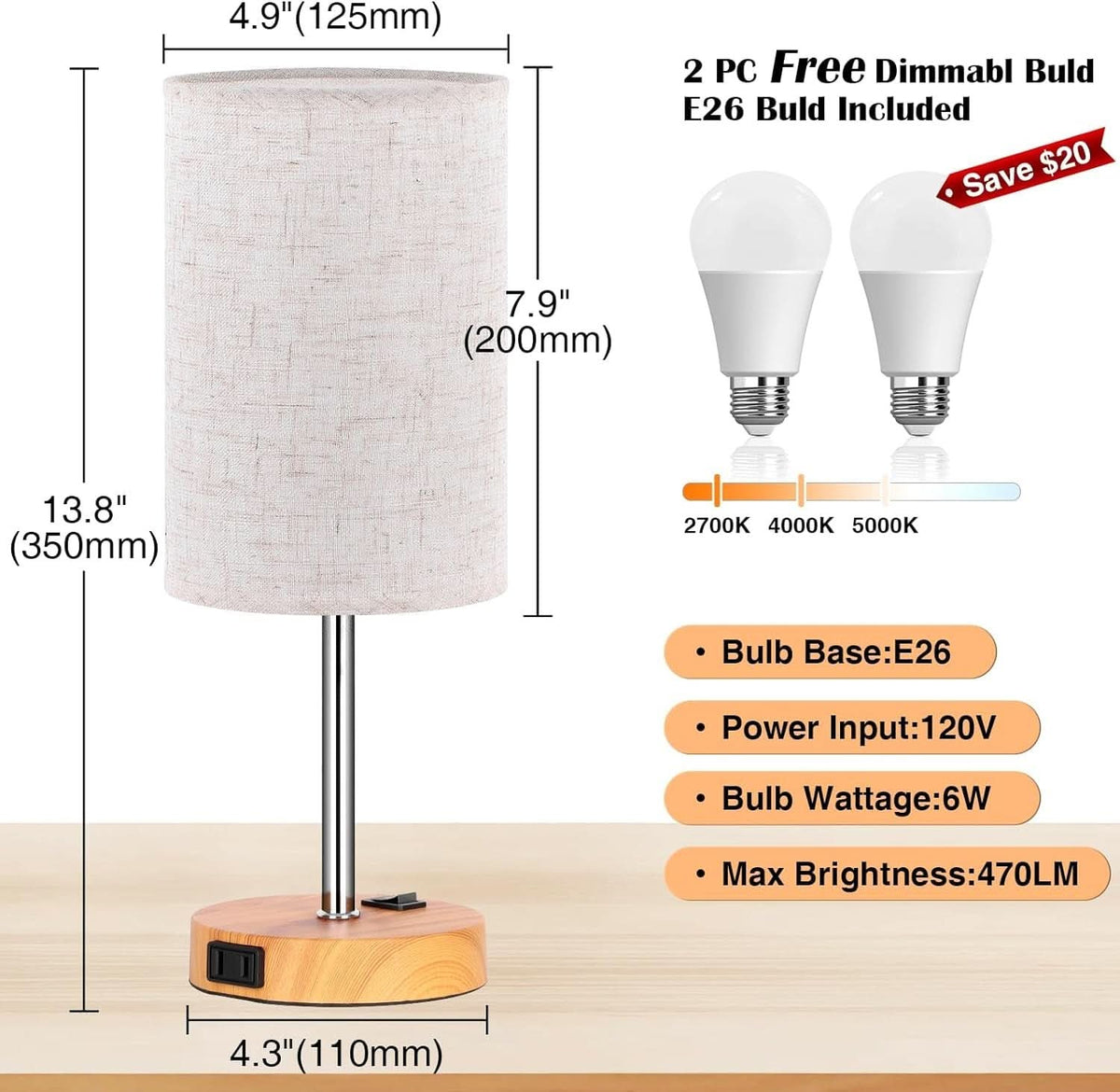 Bedside Table Lamp Set Of 2 Dimmable Three Way AC Outlet