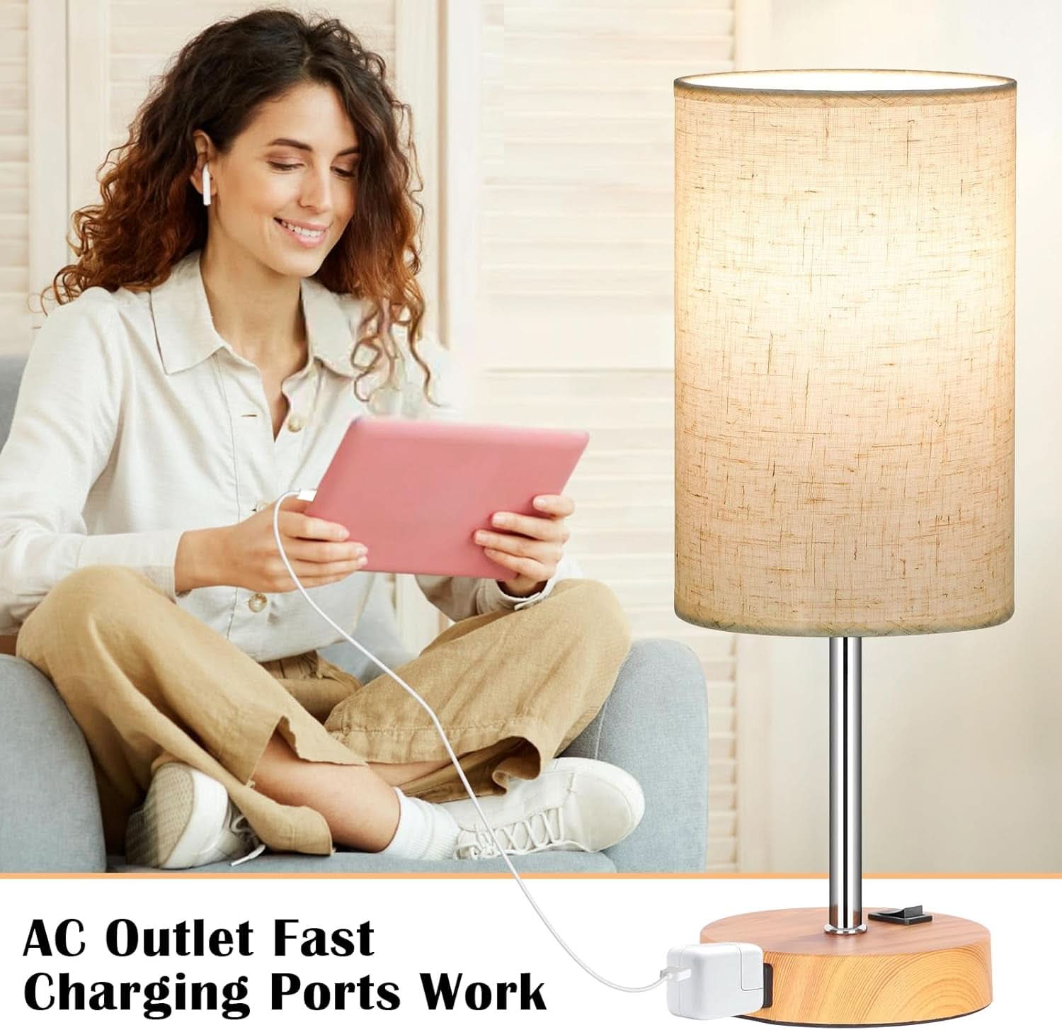 Bedside Table Lamp Set Of 2 Dimmable Three Way AC Outlet