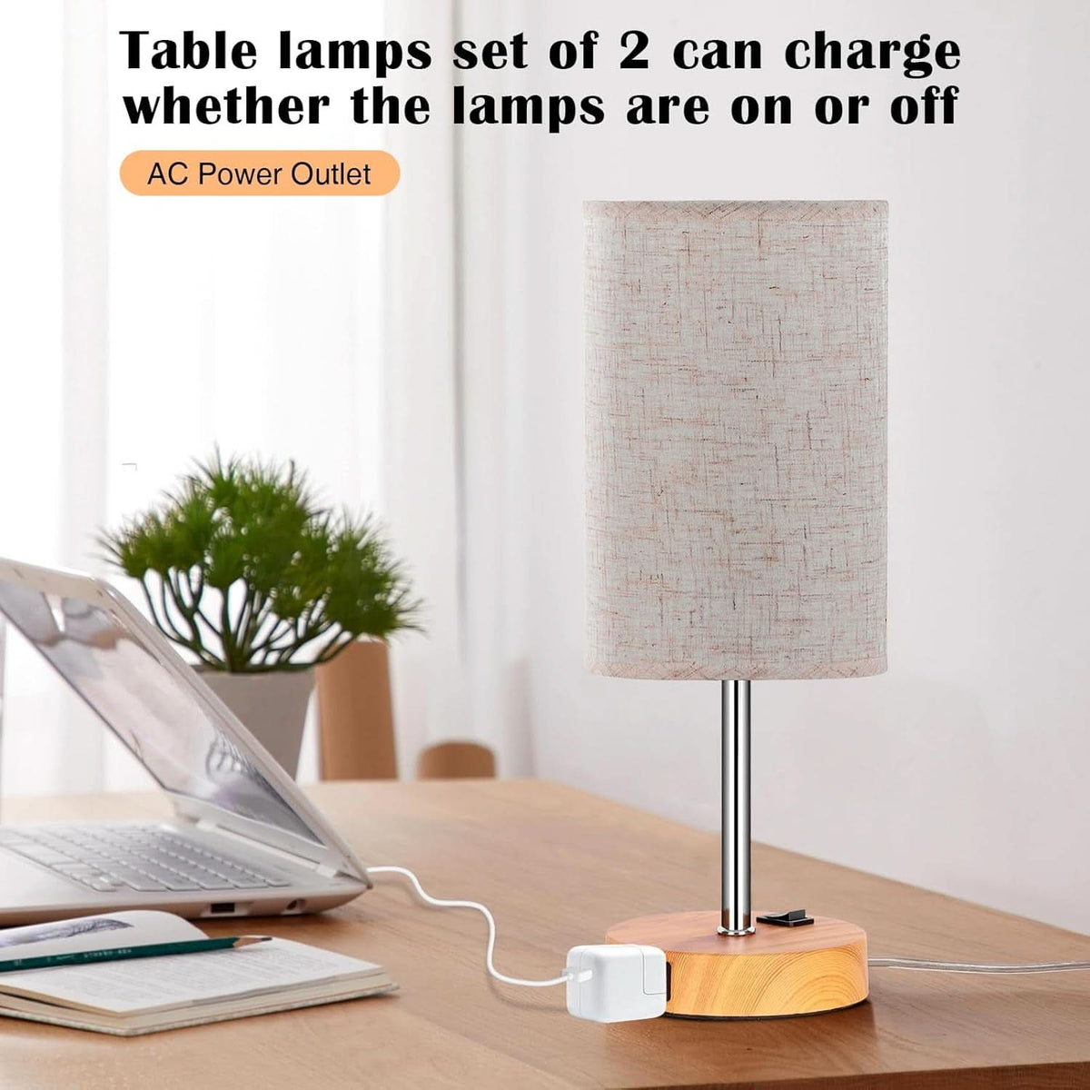 Bedside Table Lamp Set Of 2 Dimmable Three Way AC Outlet