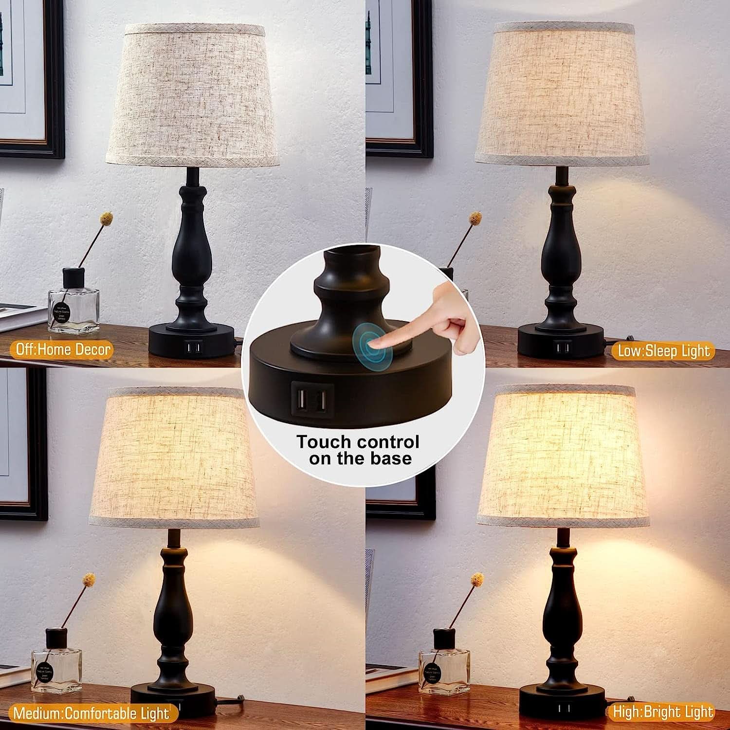Bedside Table Lamps Set Of 2 With USB Ports And Dimmable