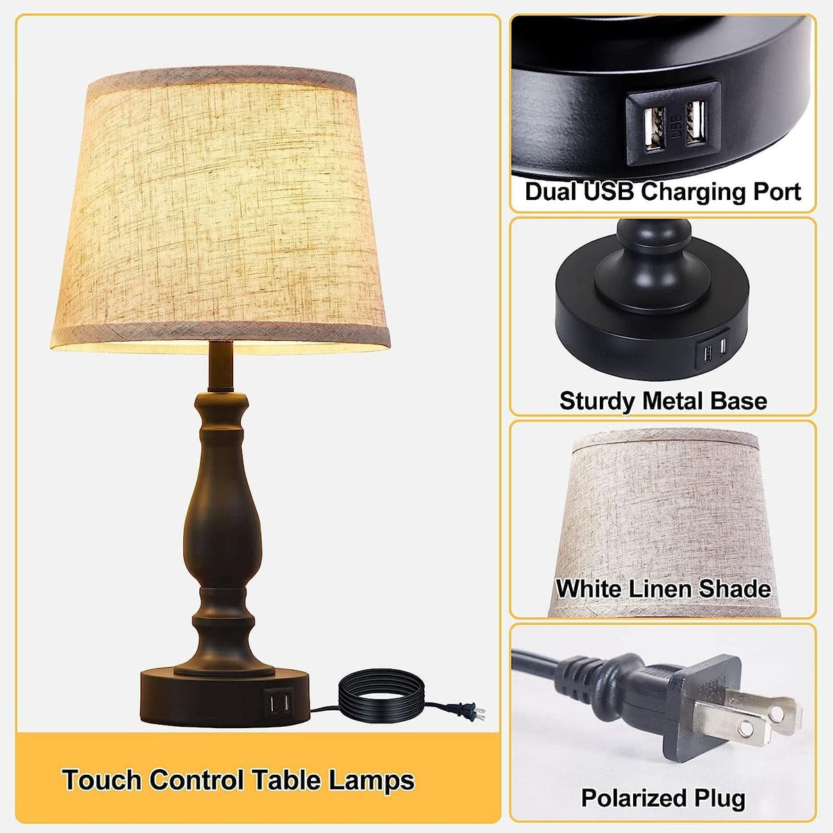 Bedside Table Lamps Set Of 2 With USB Ports And Dimmable