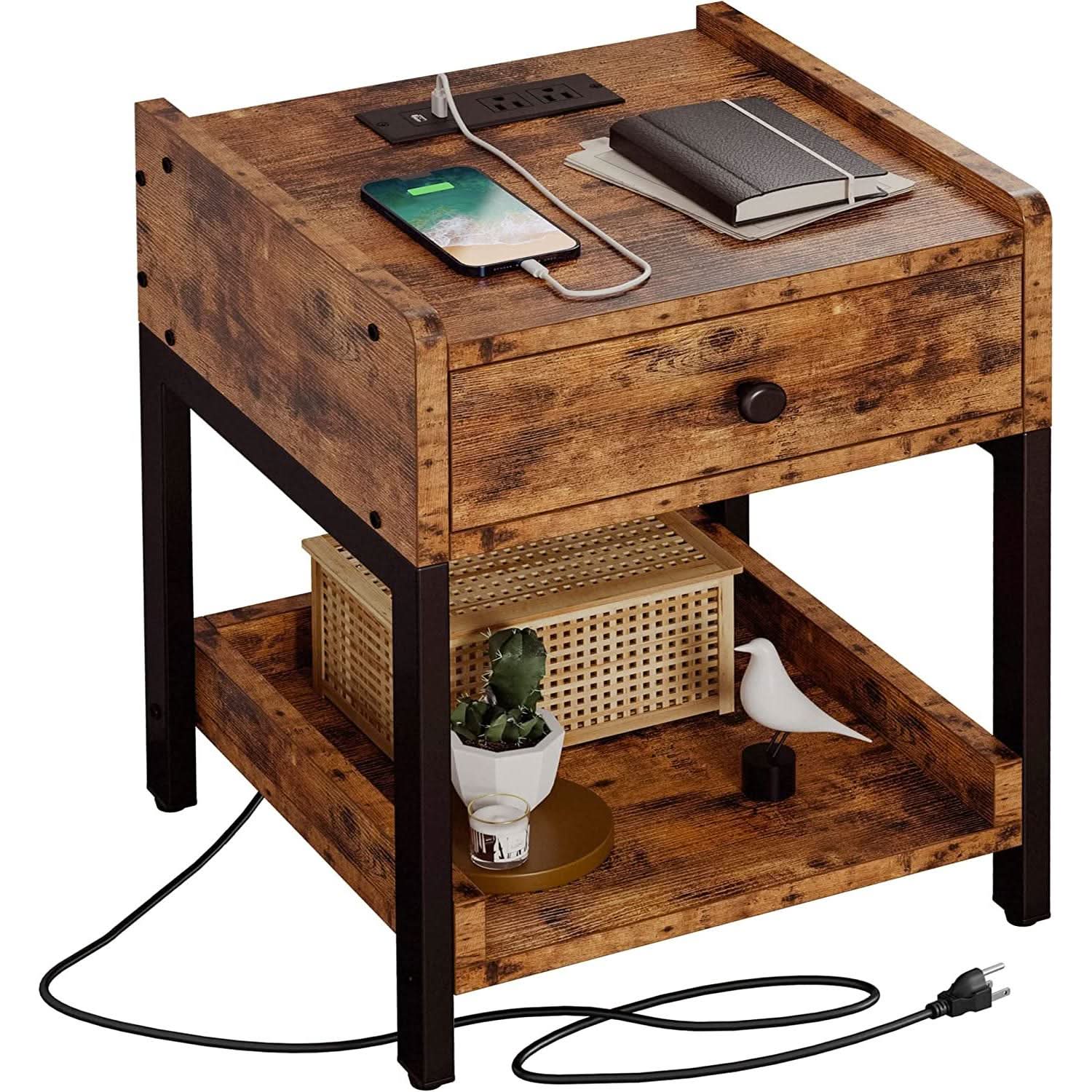 Bedside Table With Charging Station In Vintage Brown