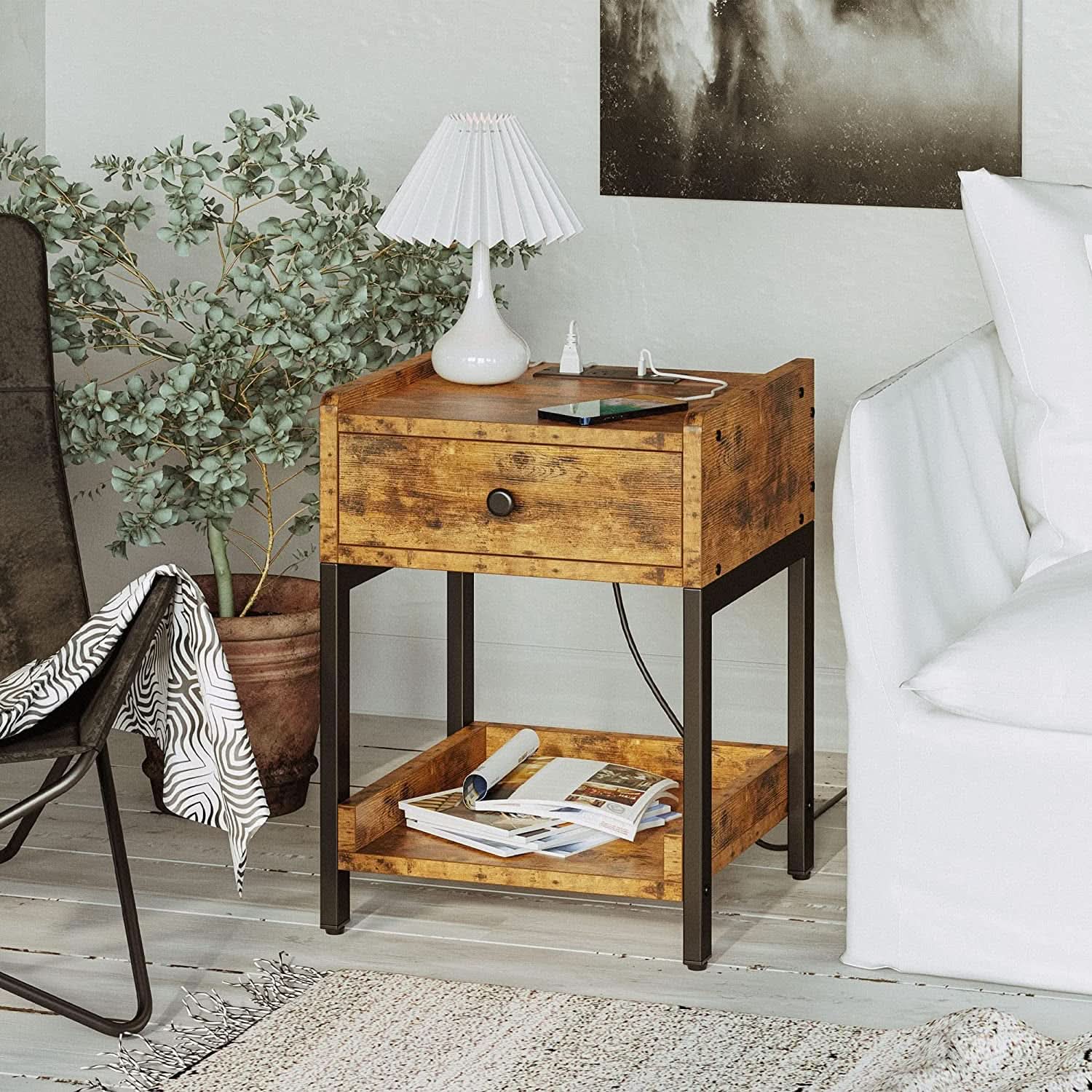Bedside Table With Charging Station In Vintage Brown