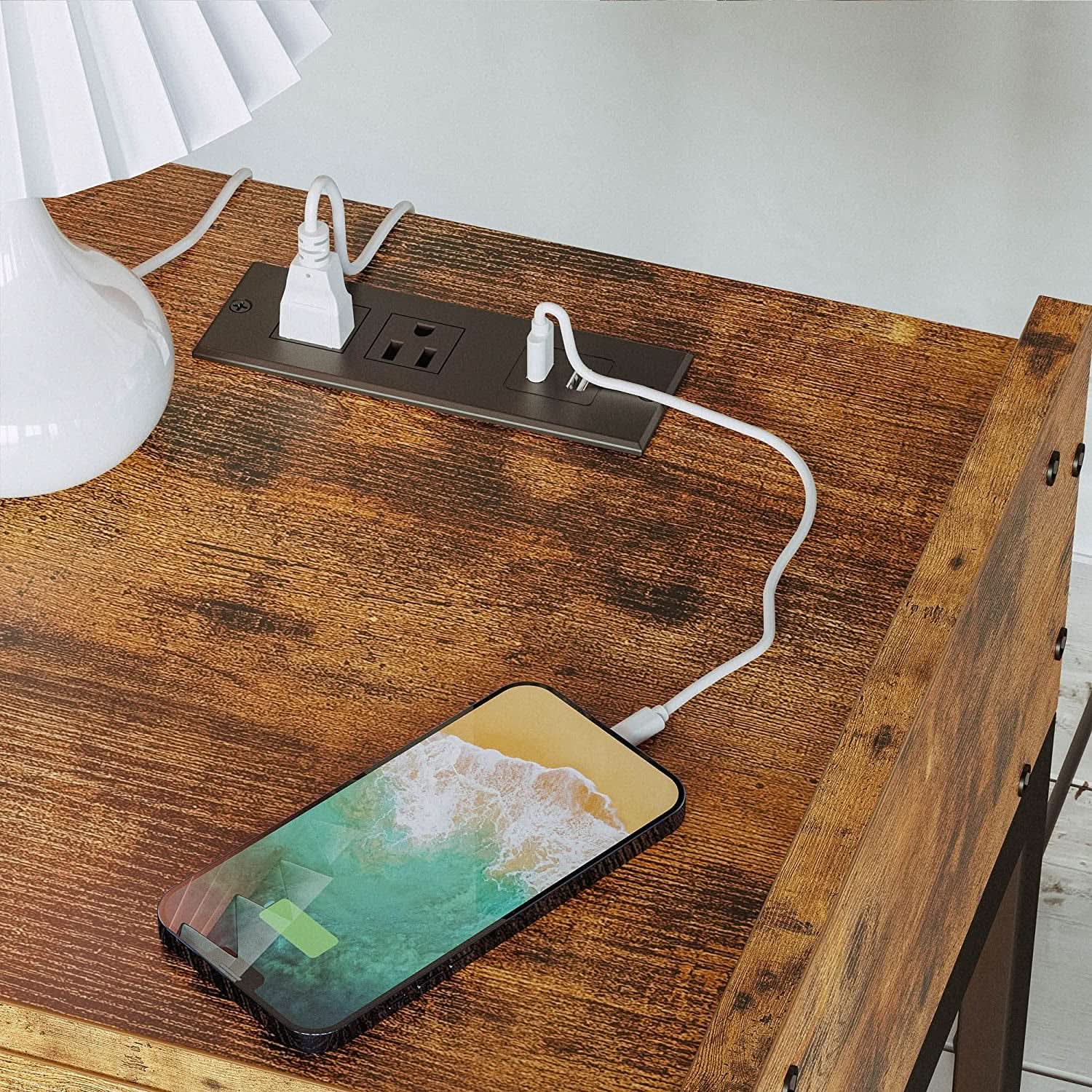 Bedside Table With Charging Station In Vintage Brown