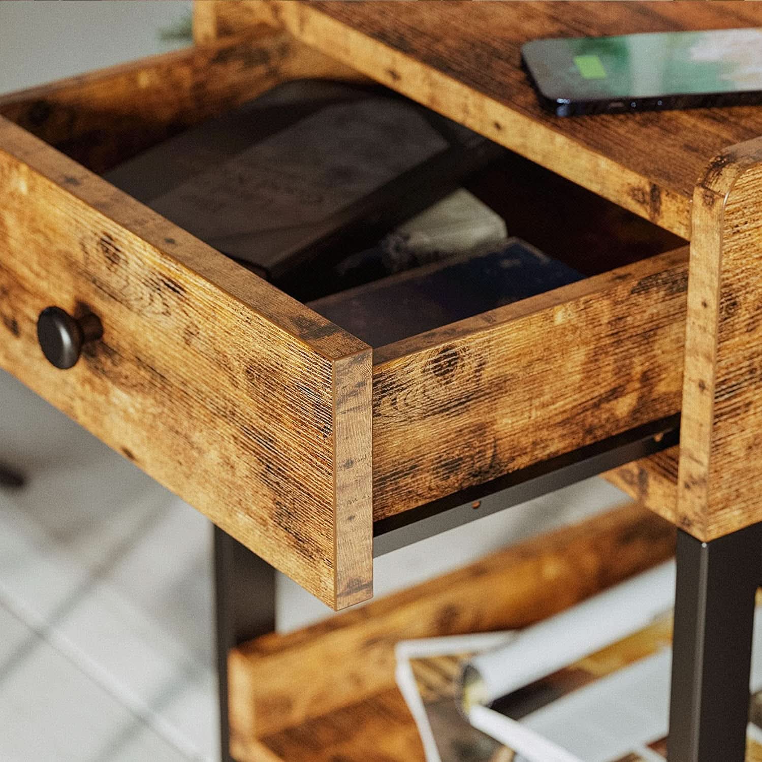 Bedside Table With Charging Station In Vintage Brown