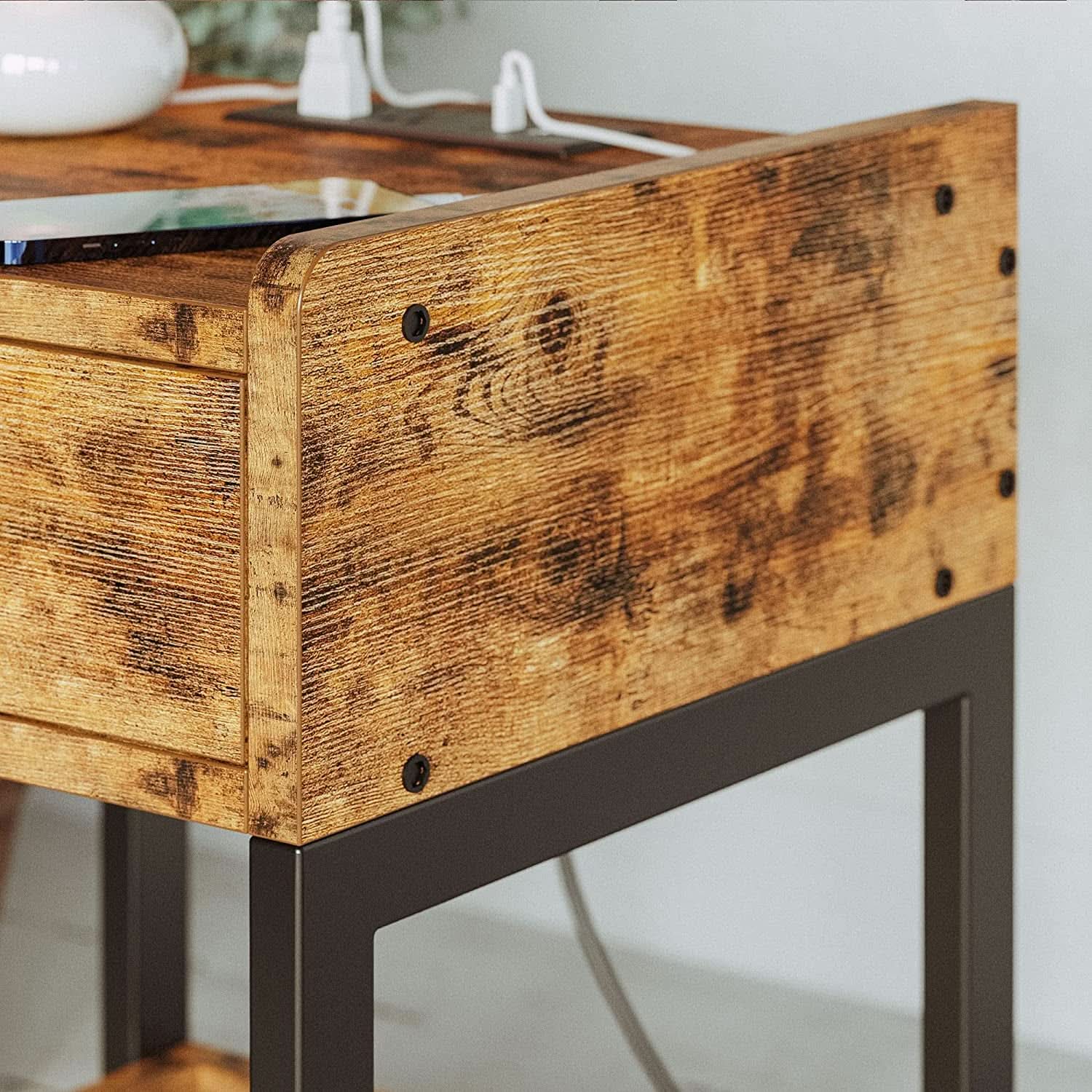 Bedside Table With Charging Station In Vintage Brown