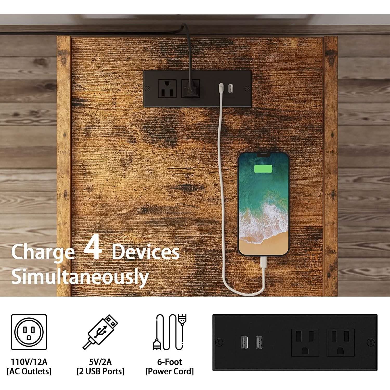 Bedside Table With Charging Station In Vintage Brown