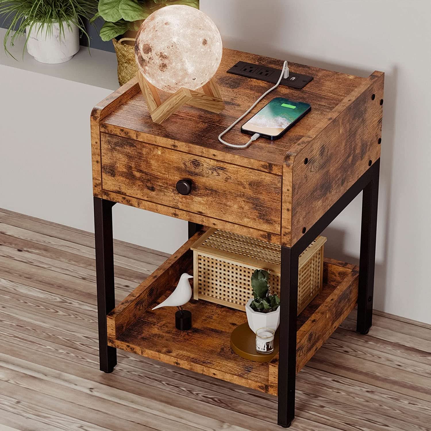 Bedside Table With Charging Station In Vintage Brown