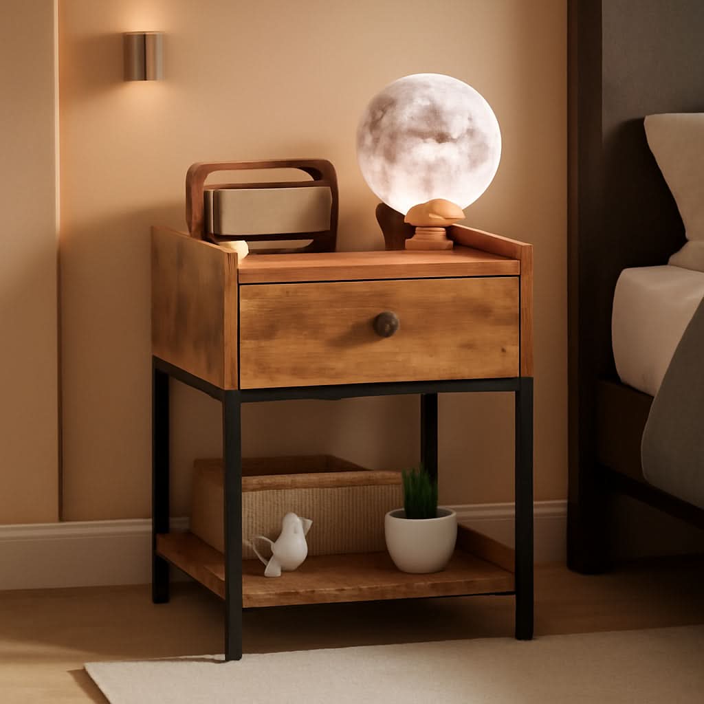 Bedside Table With Charging Station In Vintage Brown