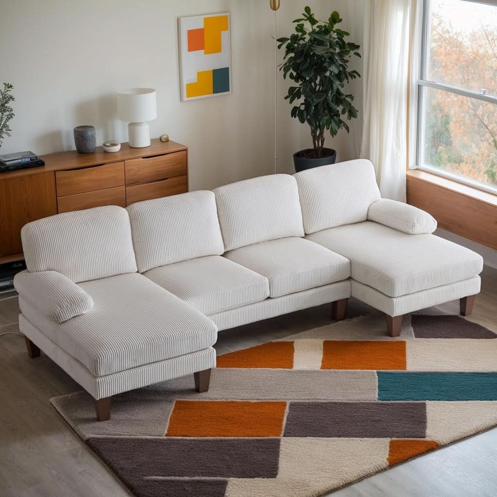 Beige 111 Inch U Shape Corduroy Sectional Sofa With Chaises