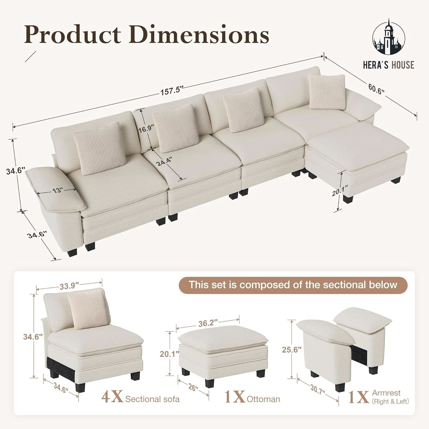 Beige 158-Inch Chenille Modular Sectional Sofa With Ottoman