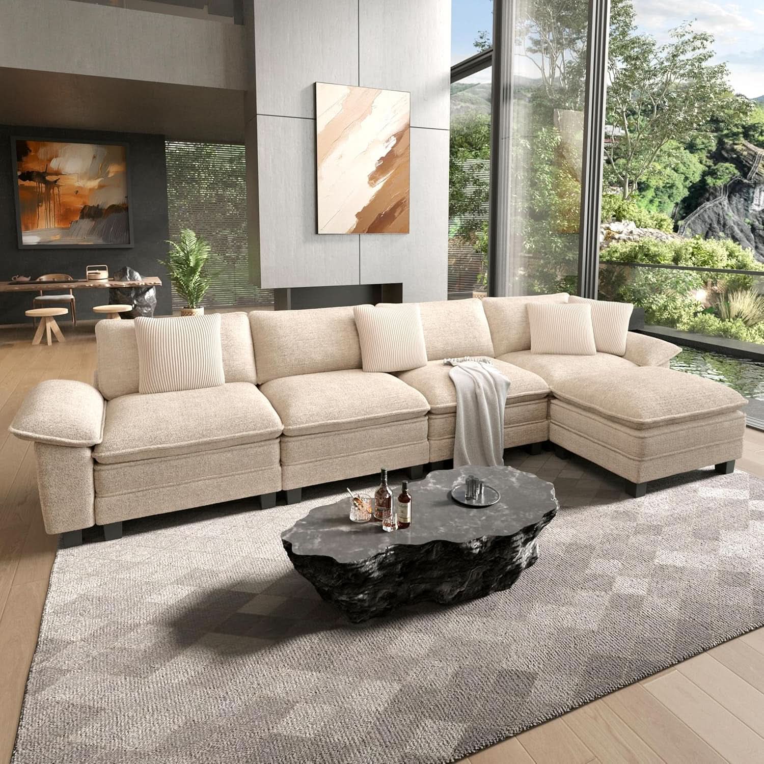 Beige 158-Inch Chenille Modular Sectional Sofa With Ottoman