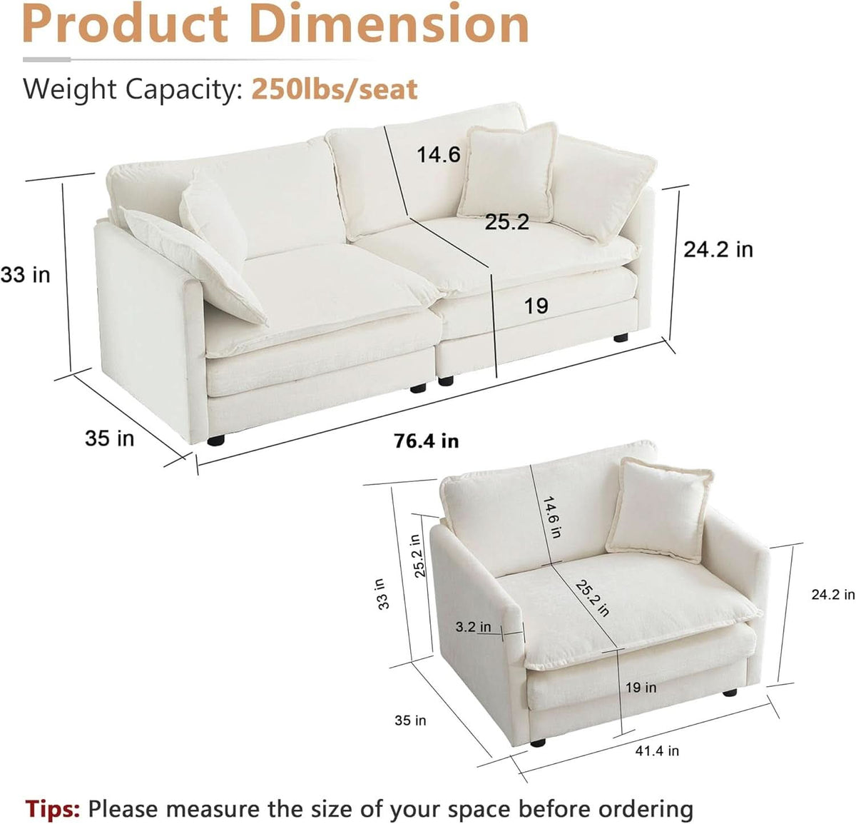 Beige 2 Piece Loveseat Armchair Set Chenille Upholstery