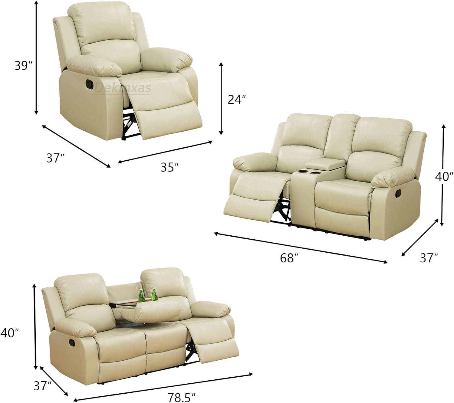 Beige 3 Piece Manual Recliner Sofa Set With Cup Holders