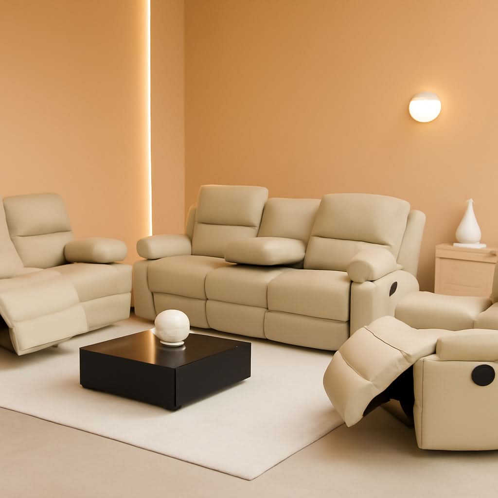 Beige 3 Piece Manual Recliner Sofa Set With Cup Holders