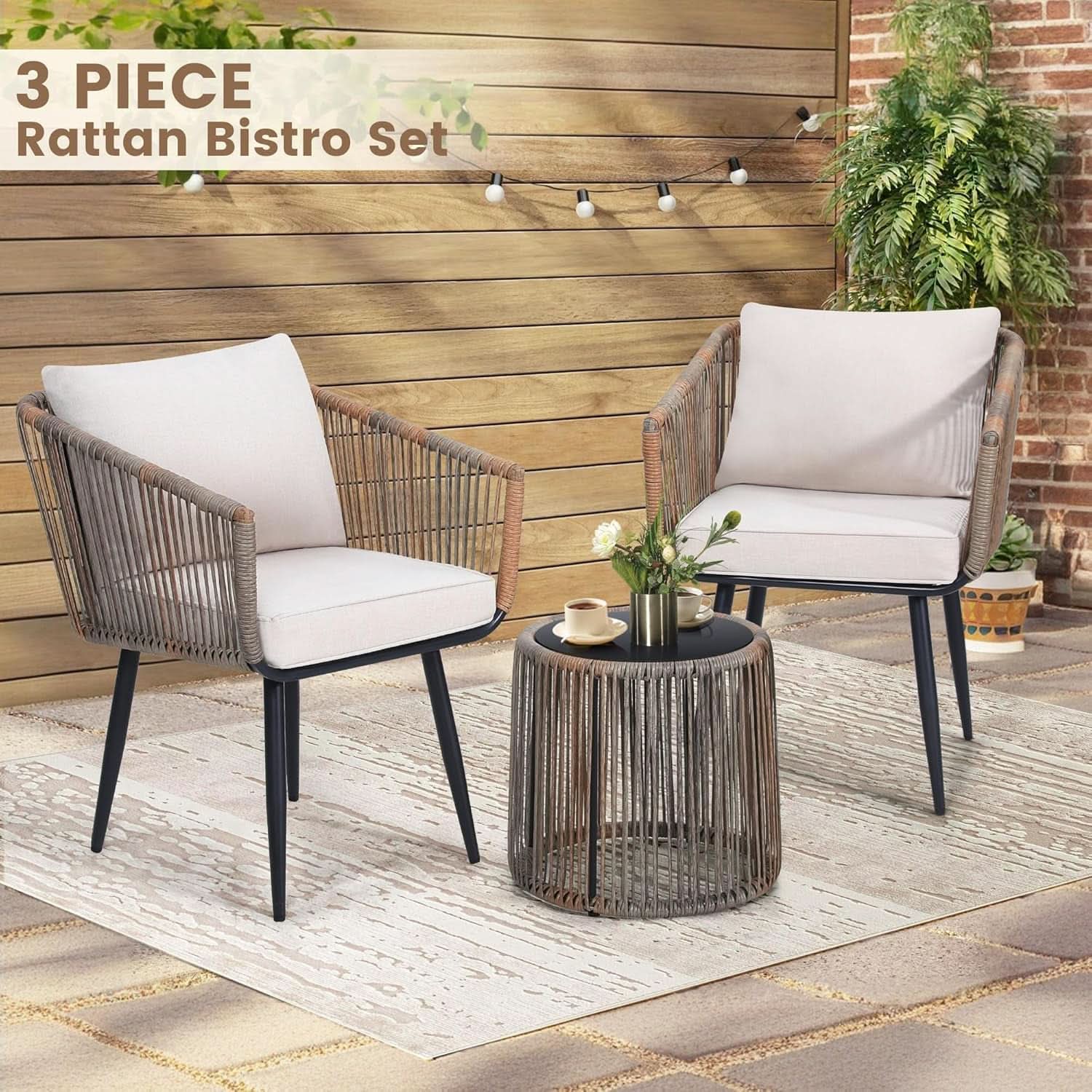 Beige 3 Piece Patio Rattan Bistro Conversation Set Outdoor Wicker Chairs And Side Table