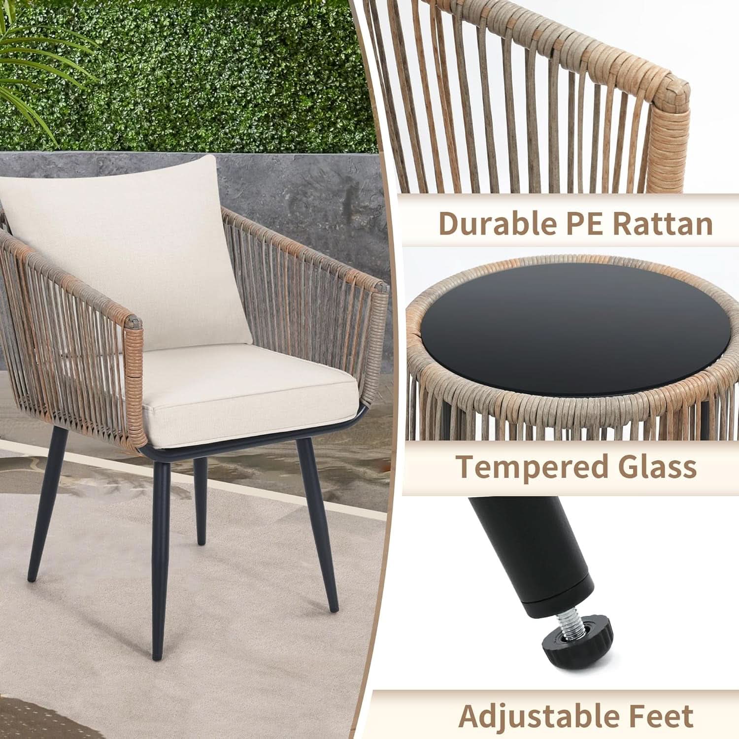Beige 3 Piece Patio Rattan Bistro Conversation Set Outdoor Wicker Chairs And Side Table
