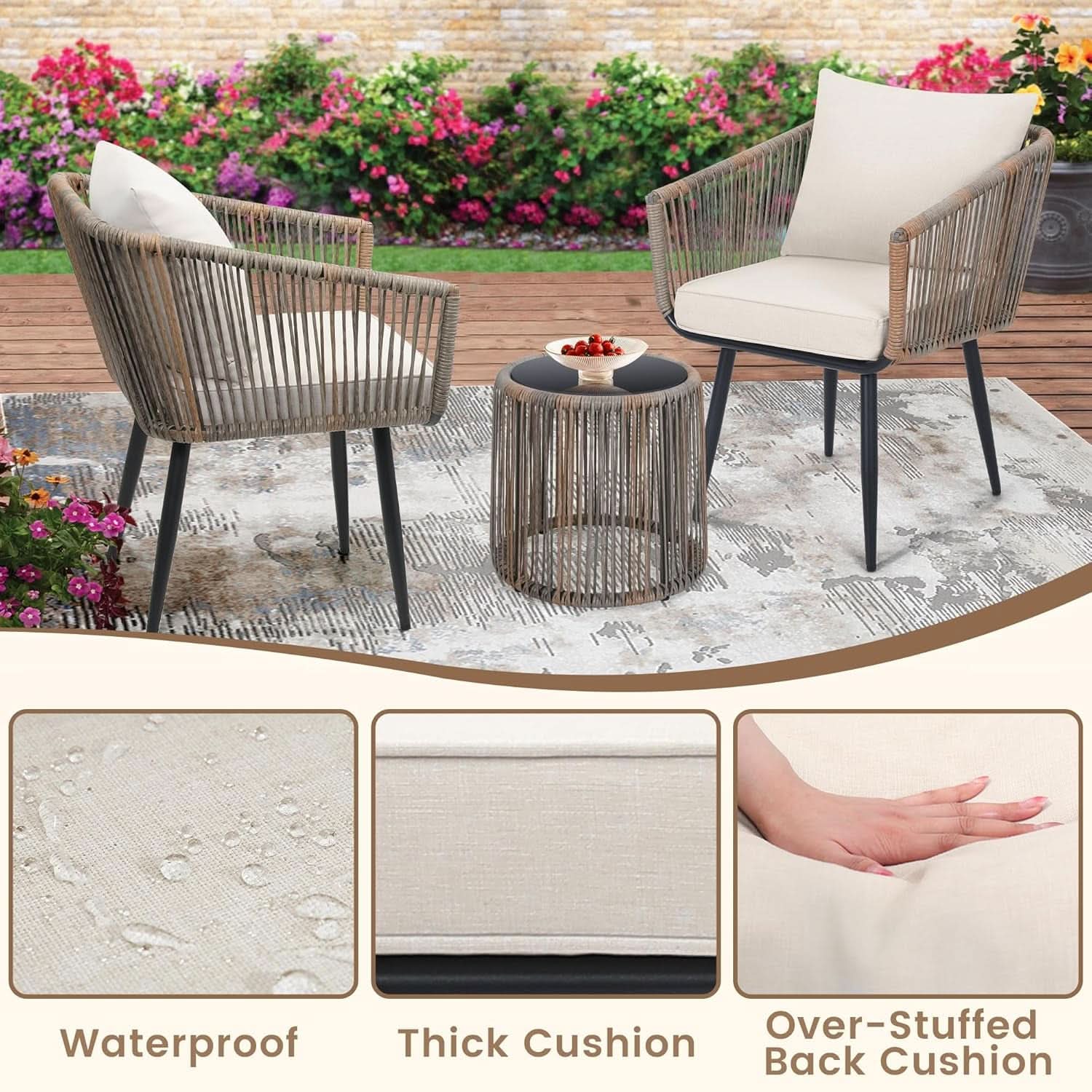Beige 3 Piece Patio Rattan Bistro Conversation Set Outdoor Wicker Chairs And Side Table