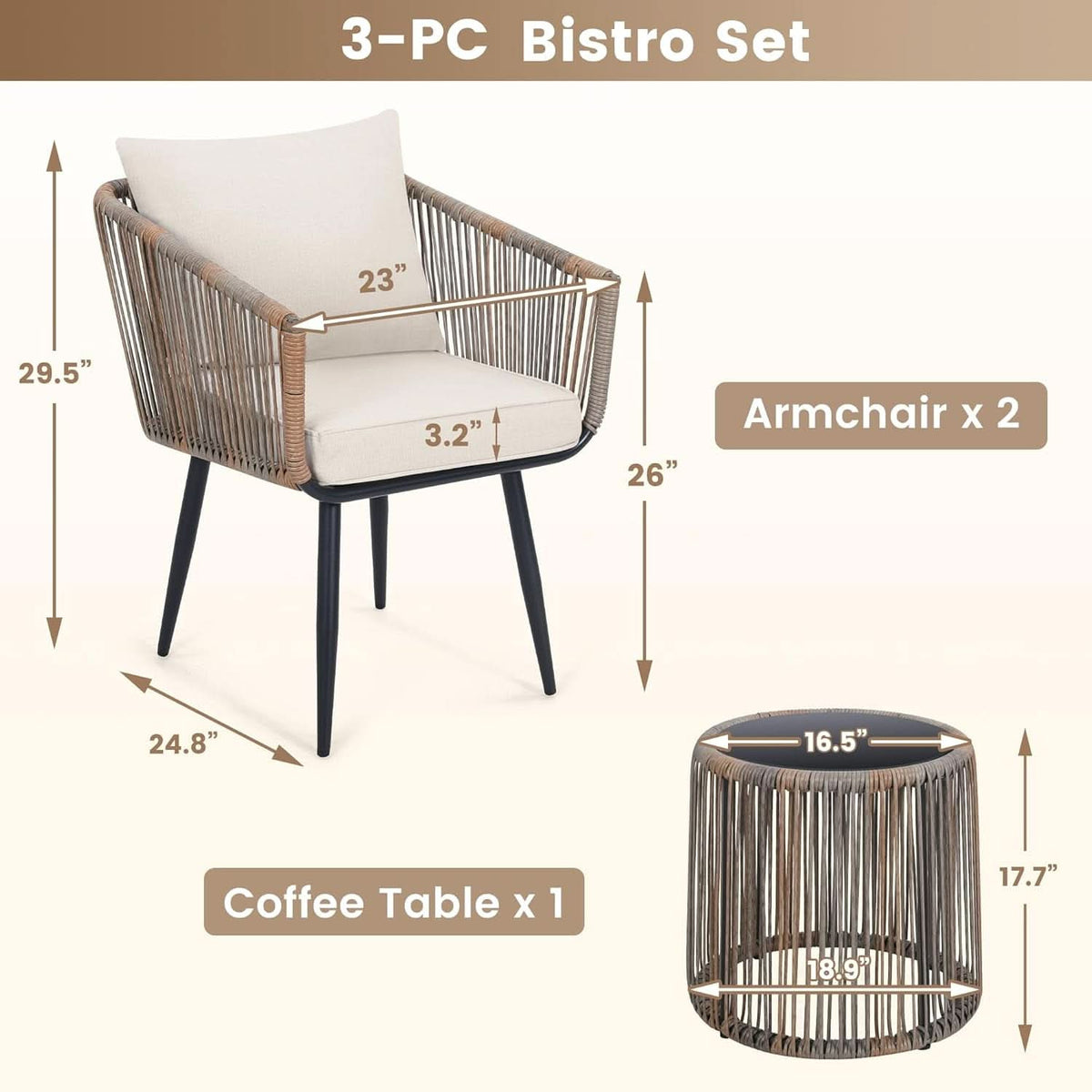 Beige 3 Piece Patio Rattan Bistro Conversation Set Outdoor Wicker Chairs And Side Table