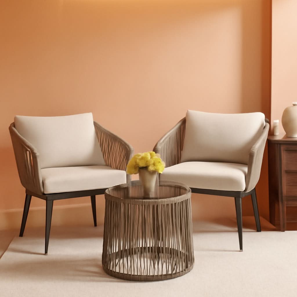 Beige 3 Piece Patio Rattan Bistro Conversation Set Outdoor Wicker Chairs And Side Table