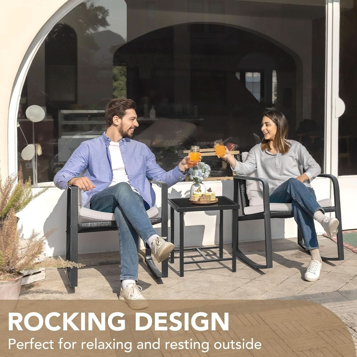 Beige 3 Piece Rocking Patio Bistro Set With Tempered Glass Coffee Table For Outdoor Furniture