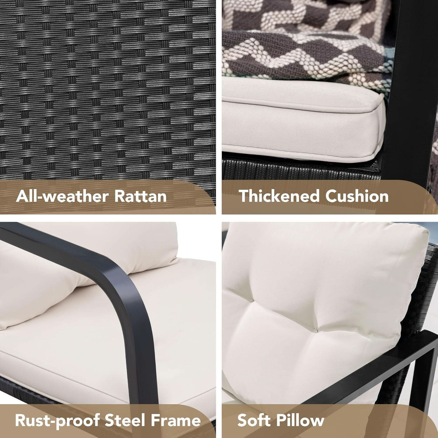 Beige 3 Piece Rocking Patio Bistro Set With Tempered Glass Coffee Table For Outdoor Furniture