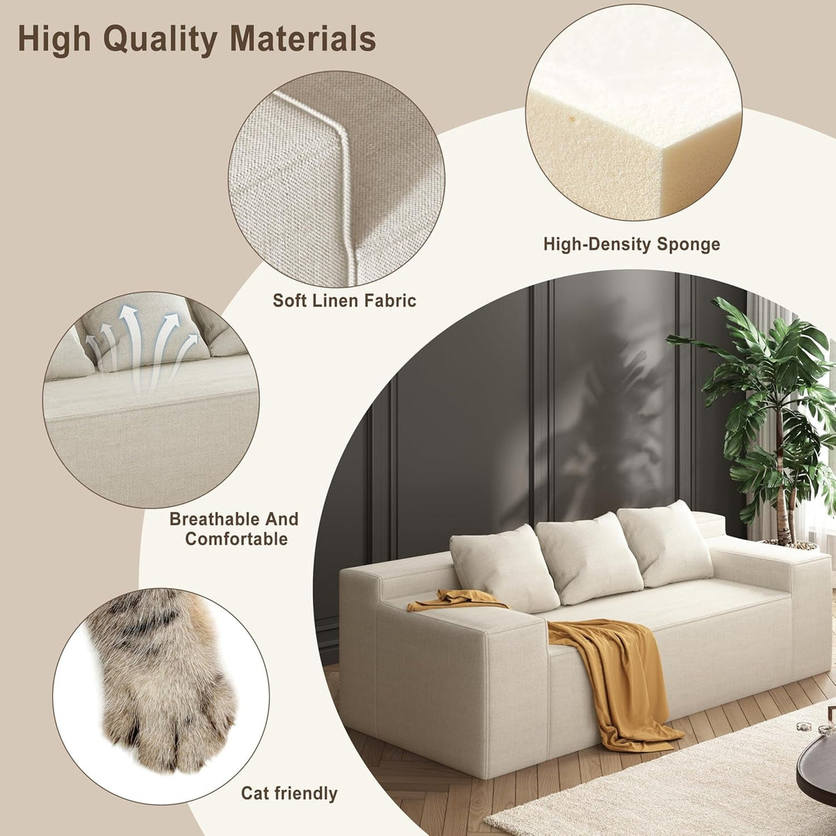 Beige 3 Seater Sofa Modern Living Room Furniture Premium