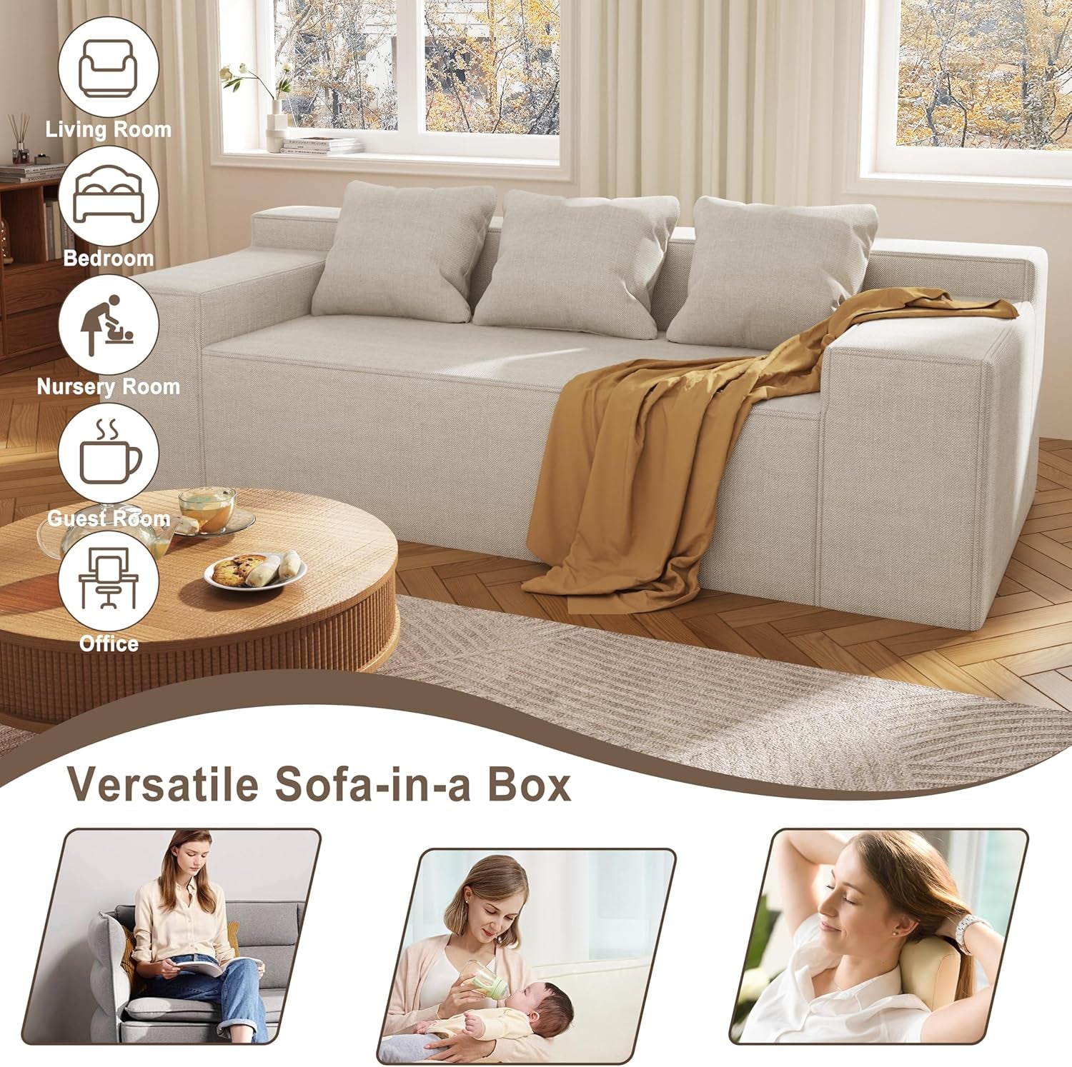 Beige 3 Seater Sofa Modern Living Room Furniture Premium